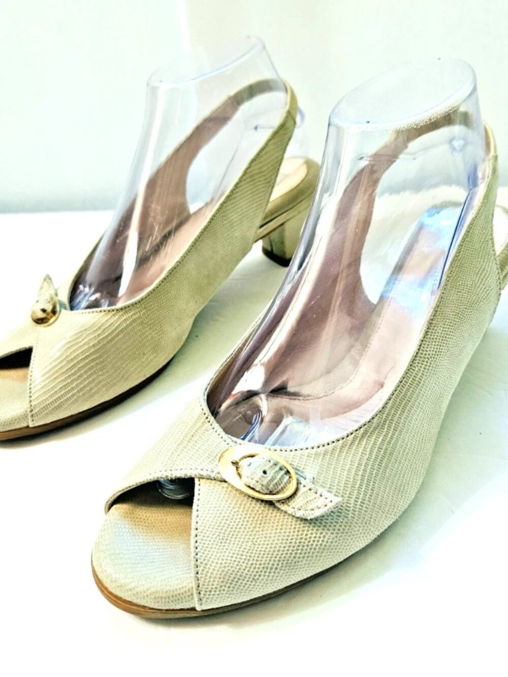 BeautiFeel Mia Lizard Embossed Slingback Peep Toe Pumps Green Leather Sz 40 US 9